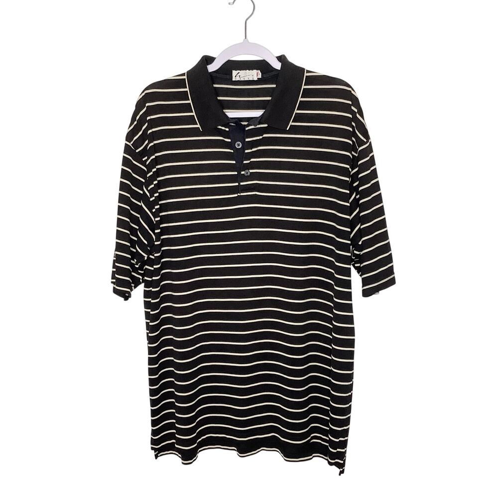 Haley Black Cream Striped Polo Shirt Large
